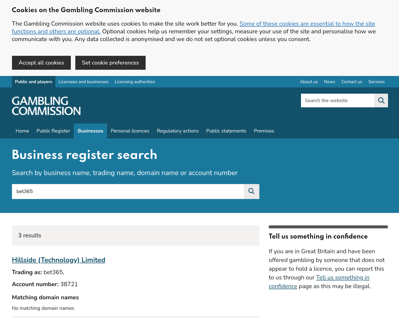 英國 Gambling Commission 公開登記搜尋畫面截圖