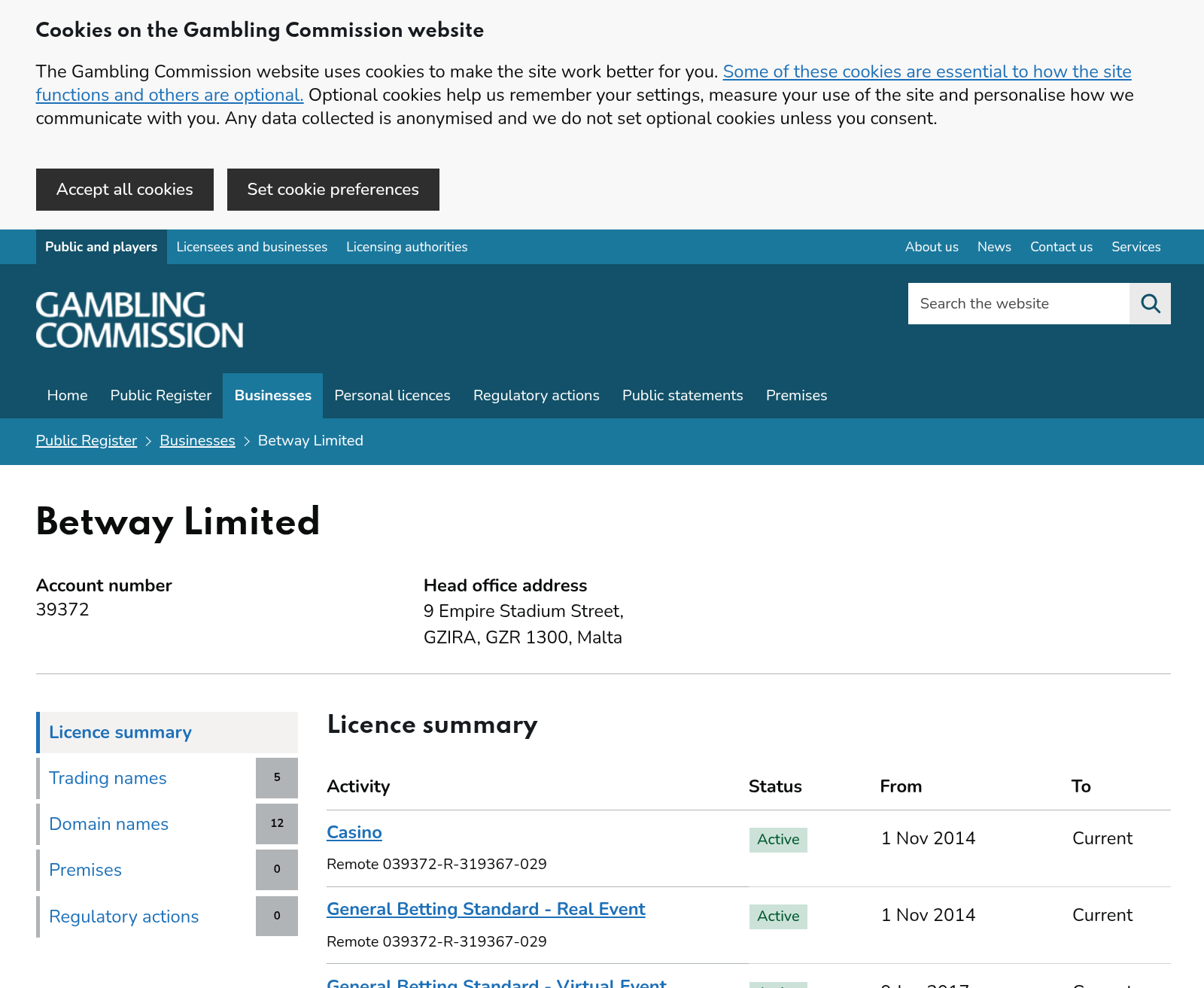 UK Gambling Commission 帳户 39372 紀錄截圖