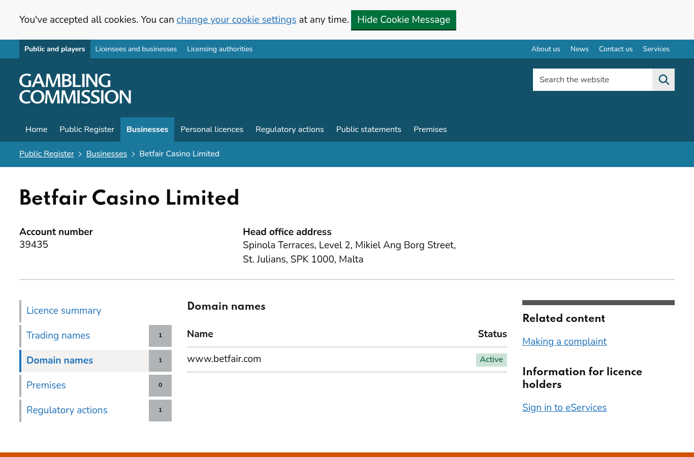www.betfair.com UK Gambling Commission domain record