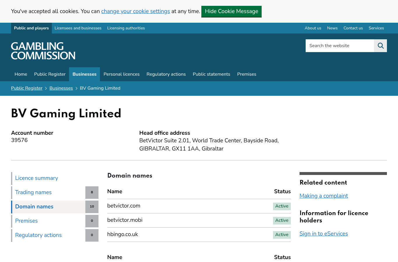 betvictor.com UK Gambling Commission domain record