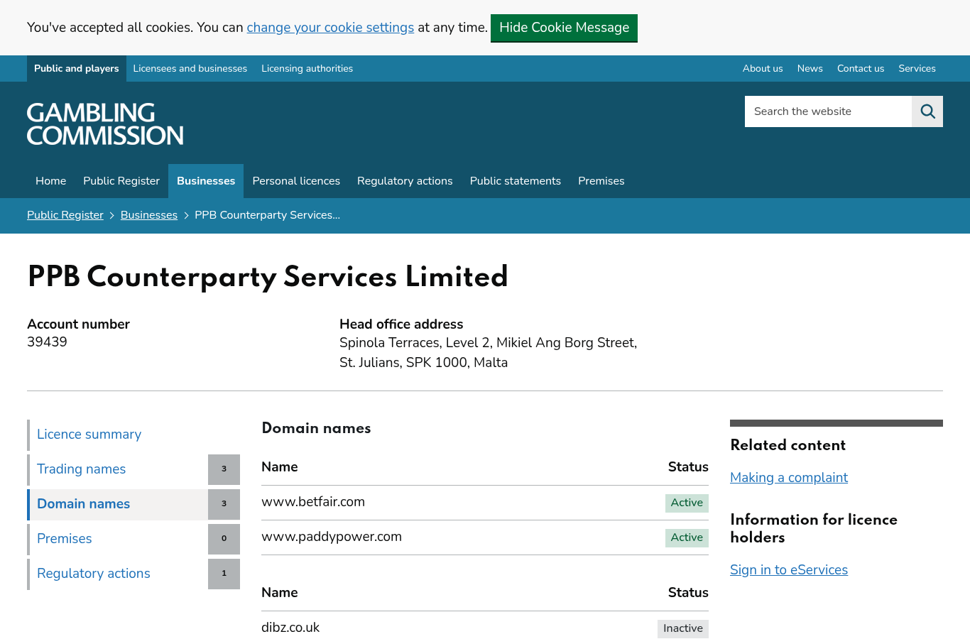 www.paddypower.com UK Gambling Commission domain record