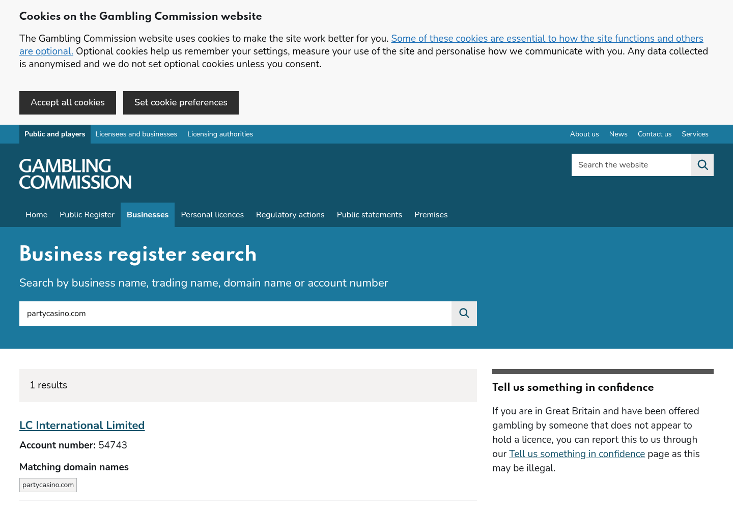 partycasino.com UK Gambling Commission domain record